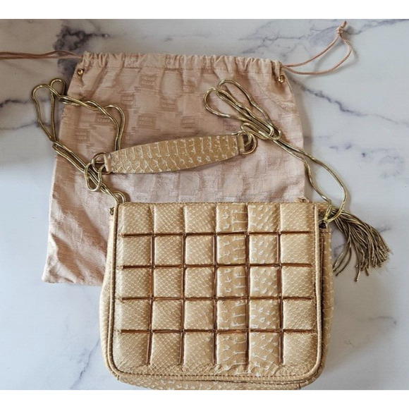 Herve Leger Womens Quilted Bag Tan Gold Snake Chain Strap Handbag Lamb Leather - Picture 8 of 16